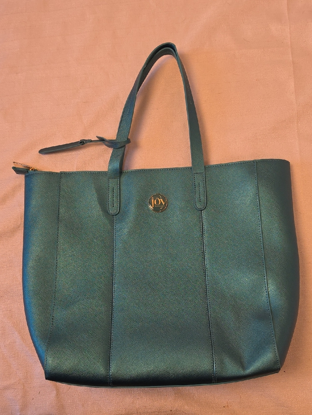 Joy Mangano Large Green Zipper Top 100% Genuine Leather Tote Bag with Gold Logo
